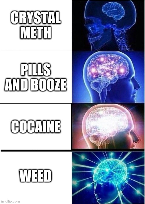 Expanding Brain Meme | CRYSTAL METH; PILLS AND BOOZE; COCAINE; WEED | image tagged in memes,expanding brain | made w/ Imgflip meme maker