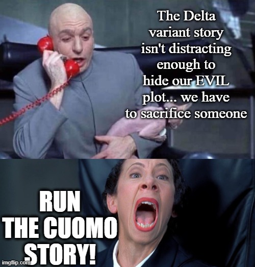 Dr Evil and Frau | The Delta variant story isn't distracting enough to hide our EVIL plot... we have to sacrifice someone; RUN THE CUOMO STORY! | image tagged in dr evil and frau | made w/ Imgflip meme maker