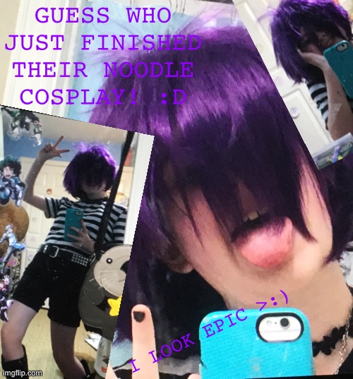I literally have nowhere else to post this | GUESS WHO JUST FINISHED THEIR NOODLE COSPLAY! :D; I LOOK EPIC >:) | image tagged in gorillaz,cosplay | made w/ Imgflip meme maker