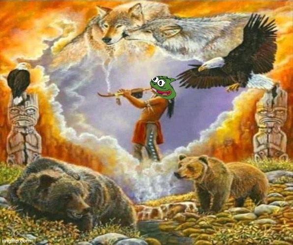 PEPE PARTY©®™ ONE WITH NATURE OTHER PARTY BIG CRI | image tagged in native american shaman,pepe party,peace pipe | made w/ Imgflip meme maker