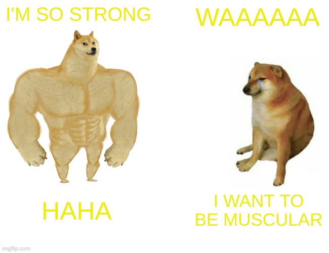 Buff Doge vs. Cheems Meme | I'M SO STRONG; WAAAAAA; HAHA; I WANT TO BE MUSCULAR | image tagged in memes,buff doge vs cheems | made w/ Imgflip meme maker