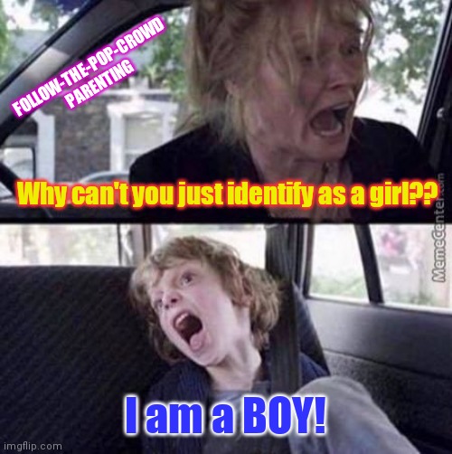 Follow-the-pop-crowd parenting | FOLLOW-THE-POP-CROWD PARENTING; Why can't you just identify as a girl?? I am a BOY! | image tagged in why can't you just be normal blank,transgender,child abuse,bad parenting,stupid liberals | made w/ Imgflip meme maker