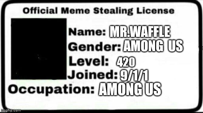 Meme Stealing License | MR.WAFFLE; AMONG  US; 420; 9/1/1; AMONG US | image tagged in meme stealing license | made w/ Imgflip meme maker