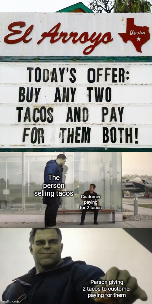 Delicious tacos | The person selling tacos; Customer paying for 2 tacos; Person giving 2 tacos to customer paying for them | image tagged in hulk taco,tacos,taco,memes,meme,funny signs | made w/ Imgflip meme maker