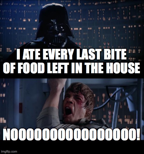 Star Wars No Meme | I ATE EVERY LAST BITE OF FOOD LEFT IN THE HOUSE; NOOOOOOOOOOOOOOOO! | image tagged in memes,star wars no,food | made w/ Imgflip meme maker