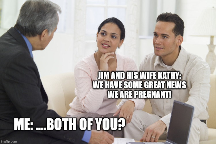 Both of You? | JIM AND HIS WIFE KATHY:
WE HAVE SOME GREAT NEWS
WE ARE PREGNANT! ME: ....BOTH OF YOU? | image tagged in marriage counselling | made w/ Imgflip meme maker