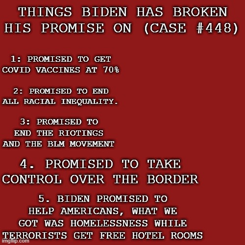 I knew the democrats would vote for a clown | THINGS BIDEN HAS BROKEN HIS PROMISE ON (CASE #448); 1: PROMISED TO GET COVID VACCINES AT 70%; 2: PROMISED TO END ALL RACIAL INEQUALITY. 3: PROMISED TO END THE RIOTINGS AND THE BLM MOVEMENT; 5. BIDEN PROMISED TO HELP AMERICANS, WHAT WE GOT WAS HOMELESSNESS WHILE TERRORISTS GET FREE HOTEL ROOMS; 4. PROMISED TO TAKE CONTROL OVER THE BORDER | image tagged in memes,blank transparent square | made w/ Imgflip meme maker