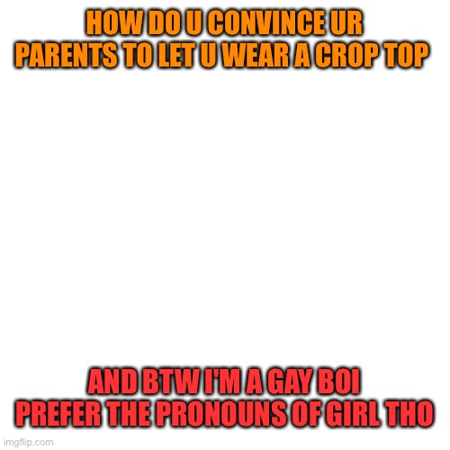 It's Wyatt or a new name ? idk what tho | HOW DO U CONVINCE UR PARENTS TO LET U WEAR A CROP TOP; AND BTW I'M A GAY BOI PREFER THE PRONOUNS OF GIRL THO | image tagged in memes,blank transparent square,lgbtq | made w/ Imgflip meme maker