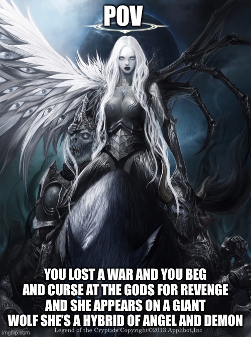 POV; YOU LOST A WAR AND YOU BEG AND CURSE AT THE GODS FOR REVENGE AND SHE APPEARS ON A GIANT WOLF SHE’S A HYBRID OF ANGEL AND DEMON | image tagged in roleplaying | made w/ Imgflip meme maker
