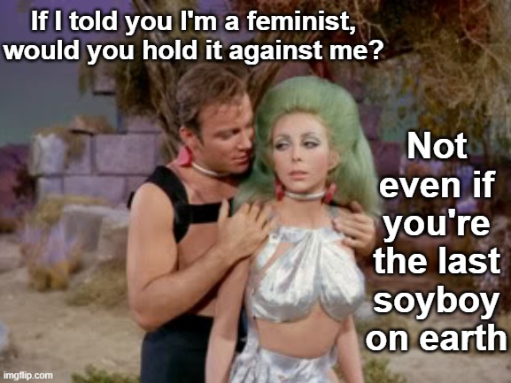 soyboy Male Feminists faking it to get in Women's pants | If I told you I'm a feminist, would you hold it against me? Not even if you're the last soyboy on earth | image tagged in star trek romantic kirk | made w/ Imgflip meme maker