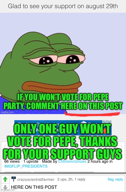 Pepe party, picking and choosing when to be too literal, thanks for your help august 29 | ONLY ONE GUY WON’T VOTE FOR PEPE, THANKS FOR YOUR SUPPORT GUYS | image tagged in pepe party | made w/ Imgflip meme maker