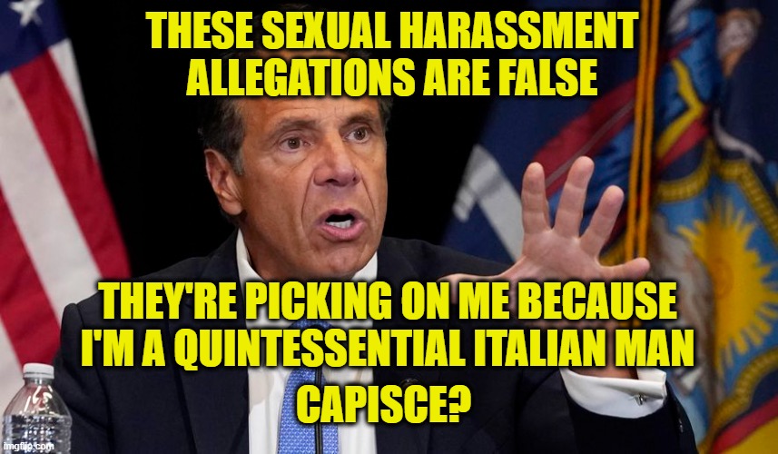 Cuomo Mansplains the Cultural Issues Behind his Persecution | THESE SEXUAL HARASSMENT ALLEGATIONS ARE FALSE; THEY'RE PICKING ON ME BECAUSE I'M A QUINTESSENTIAL ITALIAN MAN; CAPISCE? | image tagged in andrew cuomo,sexual harassment | made w/ Imgflip meme maker