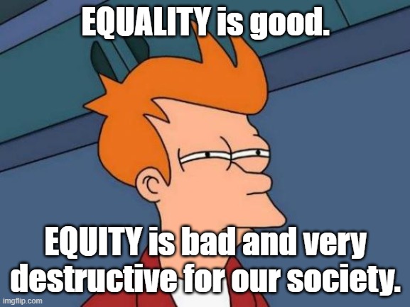 EQUALITY is good while EQUITY is Socialism, Marxism, and Communism which are all BAD. |  EQUALITY is good. EQUITY is bad and very destructive for our society. | image tagged in memes,futurama fry,political meme,equality,equity is not the same thing as equality,american politics | made w/ Imgflip meme maker