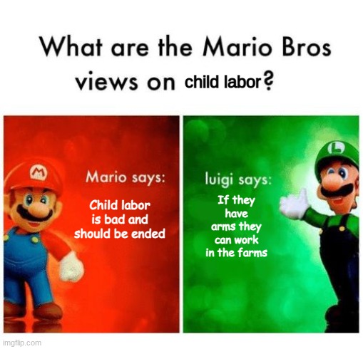 The Mario Bro's views on child labor | child labor; If they have arms they can work in the farms; Child labor is bad and should be ended | image tagged in mario says luigi says | made w/ Imgflip meme maker