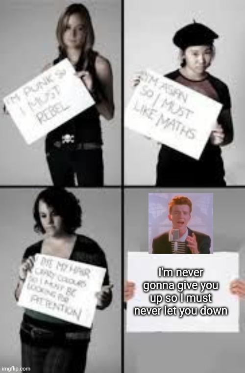 gottem | I'm never gonna give you up so I must never let you down | image tagged in stereotype me | made w/ Imgflip meme maker