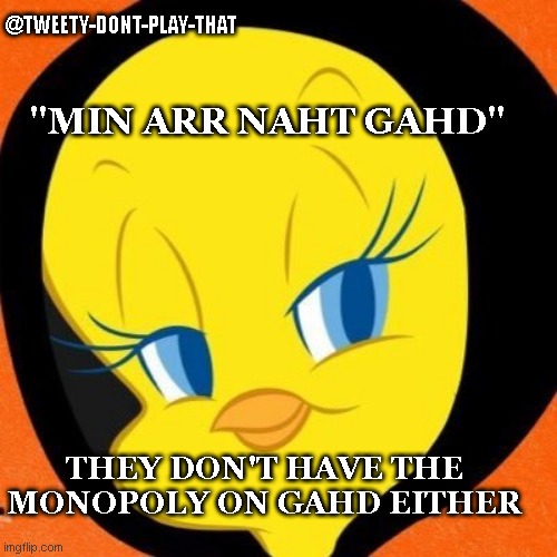 Min Arr Naht Gahd | @TWEETY-DONT-PLAY-THAT; "MIN ARR NAHT GAHD"; THEY DON'T HAVE THE MONOPOLY ON GAHD EITHER | image tagged in tweety bird,don't do drugs,tweet,playground,reverse,patriarchy | made w/ Imgflip meme maker