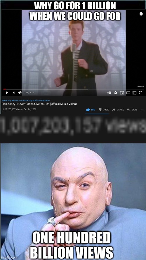 Let's Try To Get 100,000,000,000 Views on Rick Astley's Never Gonna Give You Up | WHY GO FOR 1 BILLION WHEN WE COULD GO FOR; ONE HUNDRED BILLION VIEWS | image tagged in memes,austin powers,rick astley | made w/ Imgflip meme maker