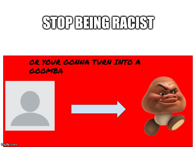 i mean it | STOP BEING RACIST | image tagged in your gonna turn into a goomba | made w/ Imgflip meme maker