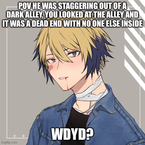 No op oc’s | POV HE WAS STAGGERING OUT OF A DARK ALLEY, YOU LOOKED AT THE ALLEY AND IT WAS A DEAD END WITH NO ONE ELSE INSIDE; WDYD? | image tagged in roleplaying | made w/ Imgflip meme maker