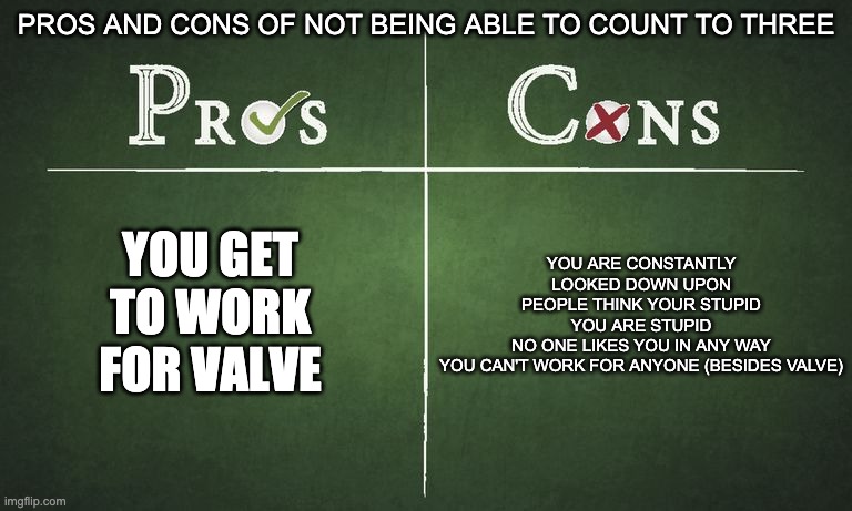 Pros and cons | PROS AND CONS OF NOT BEING ABLE TO COUNT TO THREE; YOU GET TO WORK FOR VALVE; YOU ARE CONSTANTLY LOOKED DOWN UPON
PEOPLE THINK YOUR STUPID
YOU ARE STUPID
NO ONE LIKES YOU IN ANY WAY
YOU CAN'T WORK FOR ANYONE (BESIDES VALVE) | image tagged in pros and cons | made w/ Imgflip meme maker