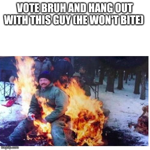 Do it pls | VOTE BRUH AND HANG OUT WITH THIS GUY (HE WON'T BITE) | image tagged in fire,bruh party | made w/ Imgflip meme maker