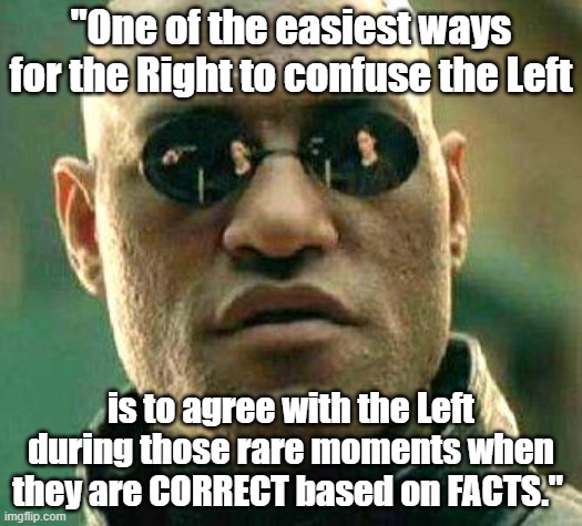 Morpheus meme: "The easiest way for the Right to confuse the Left is to agree with the Left when they are correct with FACTS." |  "One of the easiest ways for the Right to confuse the Left; is to agree with the Left during those rare moments when they are CORRECT based on FACTS." | image tagged in what if i told you,memes,funny memes,political memes,right versus left,politics | made w/ Imgflip meme maker