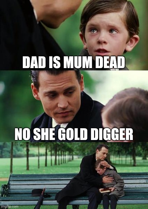 Gold digger meme | DAD IS MUM DEAD; NO SHE GOLD DIGGER | image tagged in memes,finding neverland | made w/ Imgflip meme maker