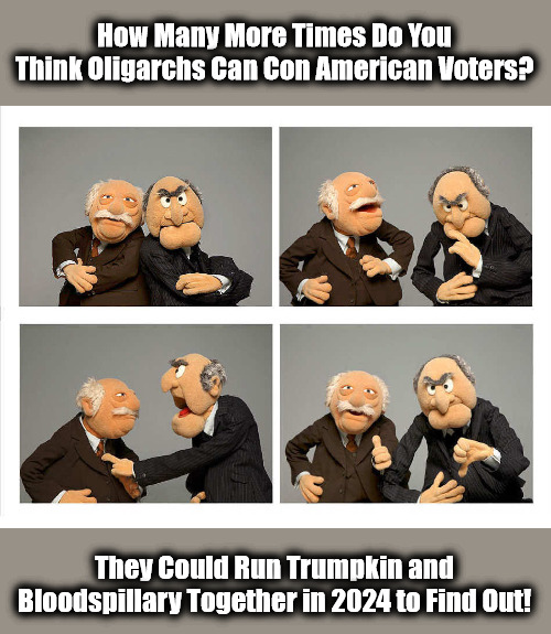 Oligarchy Democracy | How Many More Times Do You Think Oligarchs Can Con American Voters? They Could Run Trumpkin and Bloodspillary Together in 2024 to Find Out! | image tagged in four panel,statler and waldorf,trump,hillary,donald trump and hillary clinton,trump and hillary are friends | made w/ Imgflip meme maker