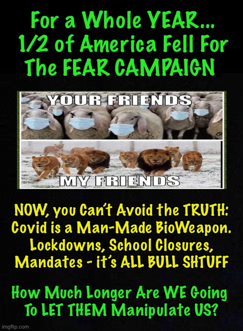 We ALL Must RISE UP Against the TYRANTS | For a Whole YEAR...
1/2 of America Fell For
The FEAR CAMPAIGN; NOW, you Can’t Avoid the TRUTH:
Covid is a Man-Made BioWeapon.
Lockdowns, School Closures,
Mandates - it’s ALL BULL SHTUFF; How Much Longer Are WE Going 
To LET THEM Manipulate US? | image tagged in power money control,control control control,dems are marxists,biden hates america,con vid,they can all kma | made w/ Imgflip meme maker