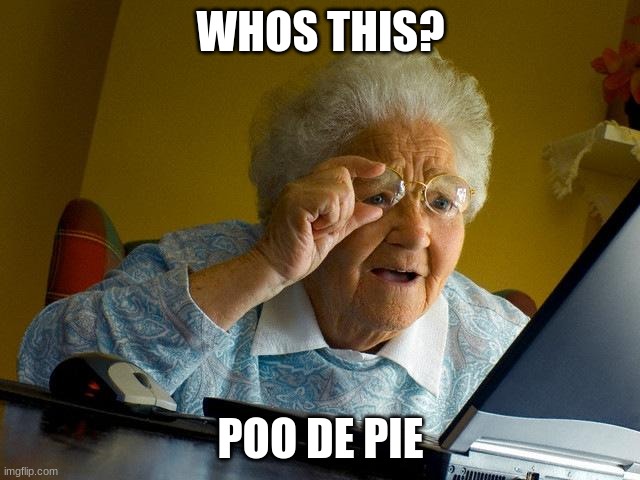 Grandma Finds The Internet | WHOS THIS? POO DE PIE | image tagged in memes,grandma finds the internet | made w/ Imgflip meme maker