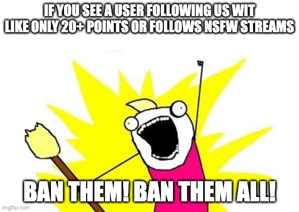 X All The Y | IF YOU SEE A USER FOLLOWING US WIT LIKE ONLY 20+ POINTS OR FOLLOWS NSFW STREAMS; BAN THEM! BAN THEM ALL! | image tagged in memes,x all the y | made w/ Imgflip meme maker