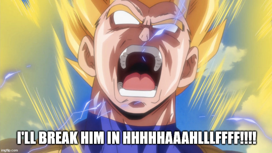 Vegeta Rage | I'LL BREAK HIM IN HHHHHAAAHLLLFFFF!!!! | image tagged in vegeta rage | made w/ Imgflip meme maker