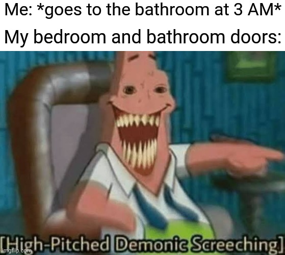 I Wish The Doors Wasn't Squeaky | Me: *goes to the bathroom at 3 AM*; My bedroom and bathroom doors: | image tagged in high-pitched demonic screeching | made w/ Imgflip meme maker
