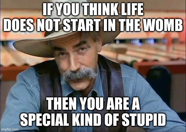 conception=life | IF YOU THINK LIFE DOES NOT START IN THE WOMB; THEN YOU ARE A SPECIAL KIND OF STUPID | image tagged in sam elliott special kind of stupid | made w/ Imgflip meme maker
