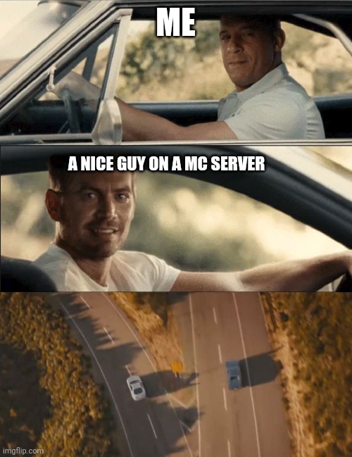 Back from playing minecraft what did i miss | ME; A NICE GUY ON A MC SERVER | image tagged in see you again | made w/ Imgflip meme maker