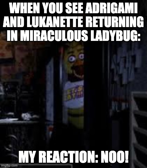 Fnaf meme that's talkin about Miraculous Ladybug | WHEN YOU SEE ADRIGAMI AND LUKANETTE RETURNING IN MIRACULOUS LADYBUG:; MY REACTION: NOO! | image tagged in chica looking in window fnaf,miraculous ladybug,adrigami,lukanette,fnaf | made w/ Imgflip meme maker