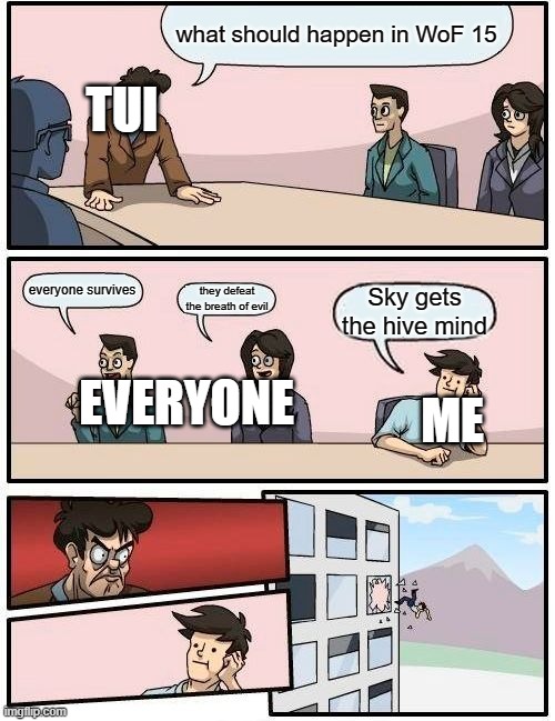 what should happen in WoF 15 | what should happen in WoF 15; TUI; everyone survives; they defeat the breath of evil; Sky gets the hive mind; EVERYONE; ME | image tagged in memes,boardroom meeting suggestion | made w/ Imgflip meme maker
