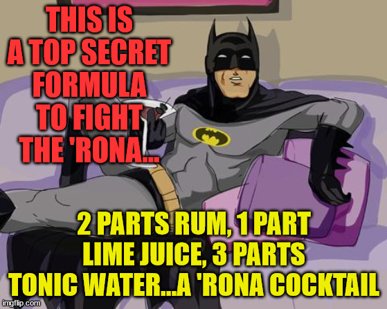 Batman cocktail | THIS IS A TOP SECRET FORMULA TO FIGHT THE 'RONA... 2 PARTS RUM, 1 PART LIME JUICE, 3 PARTS TONIC WATER...A 'RONA COCKTAIL | image tagged in batman cocktail | made w/ Imgflip meme maker