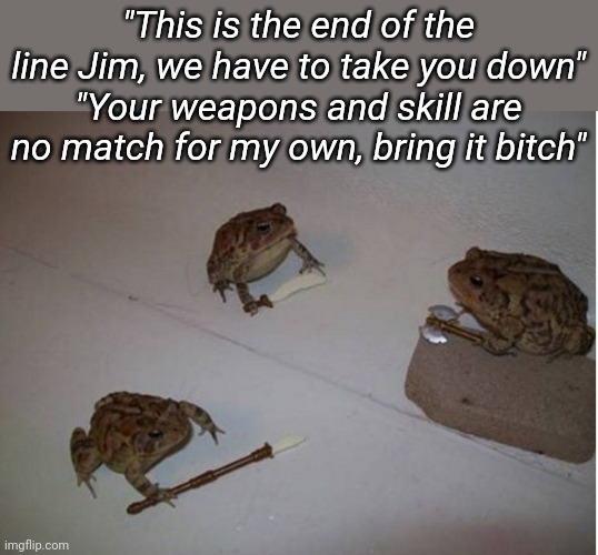 "This is the end of the line Jim, we have to take you down"
"Your weapons and skill are no match for my own, bring it bitch" | made w/ Imgflip meme maker