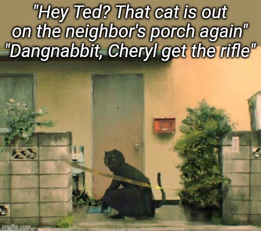 "Hey Ted? That cat is out on the neighbor's porch again"
"Dangnabbit, Cheryl get the rifle" | made w/ Imgflip meme maker