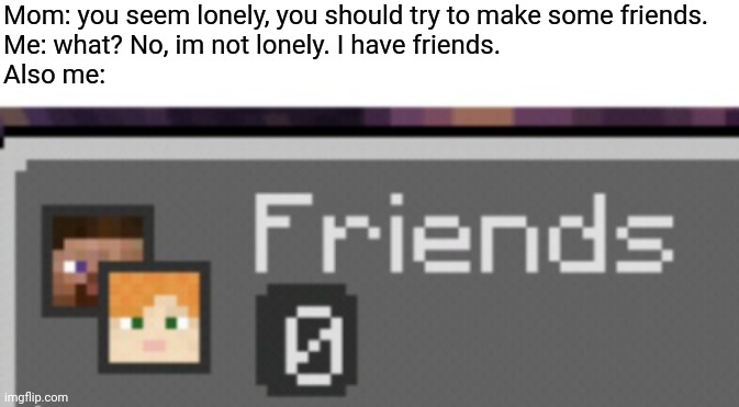 Mom: you seem lonely, you should try to make some friends.
Me: what? No, im not lonely. I have friends.
Also me: | image tagged in minecraft,memes,funny | made w/ Imgflip meme maker