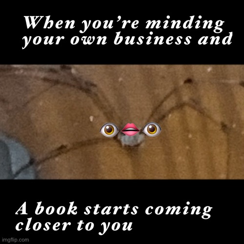 Oh no a book | image tagged in spider,funny | made w/ Imgflip meme maker