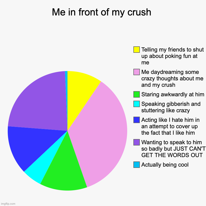 Always happens | Me in front of my crush | Actually being cool, Wanting to speak to him so badly but JUST CAN'T GET THE WORDS OUT, Acting like I hate him in  | image tagged in charts,pie charts,crush | made w/ Imgflip chart maker