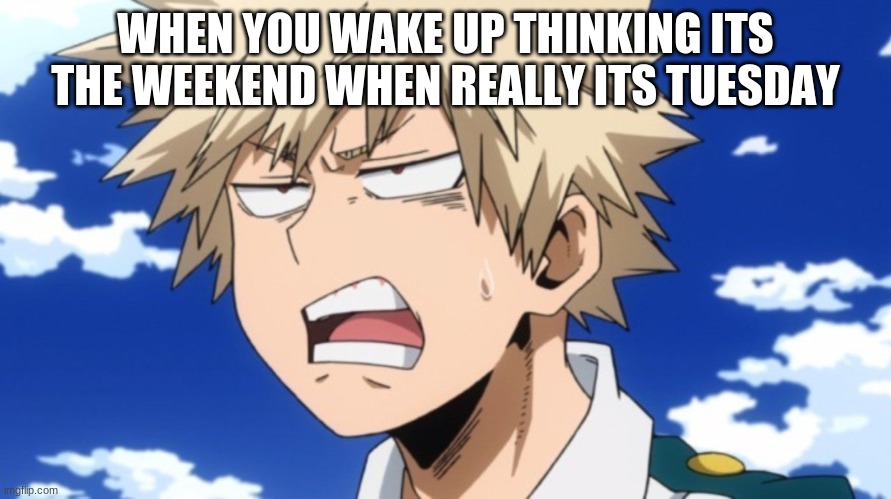 WHEN YOU WAKE UP THINKING ITS THE WEEKEND WHEN REALLY ITS TUESDAY | image tagged in my hero academia,bakugo,relatable | made w/ Imgflip meme maker