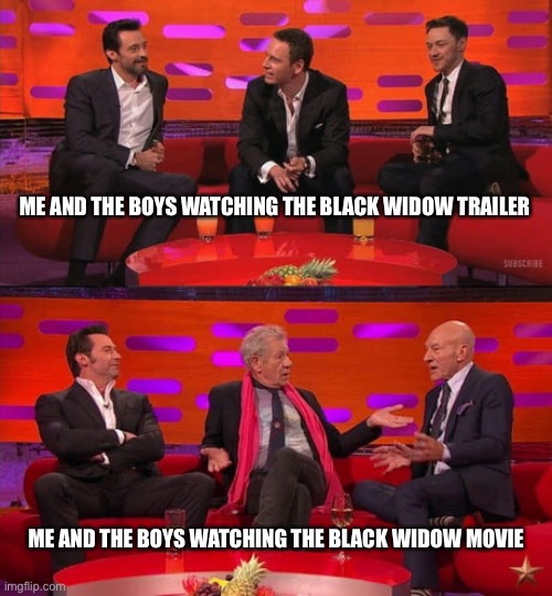 It’s been 84 years… | ME AND THE BOYS WATCHING THE BLACK WIDOW TRAILER; ME AND THE BOYS WATCHING THE BLACK WIDOW MOVIE | image tagged in black widow,wolverine,professor x,magneto,aging,waiting | made w/ Imgflip meme maker