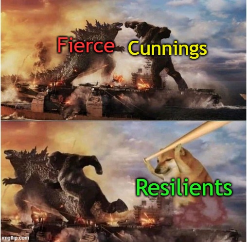 Godzilla vs Kong vs Cheems | Cunnings; Fierce; Resilients | image tagged in godzilla vs kong vs cheems,jurassic world alive,jwa,jurassic world | made w/ Imgflip meme maker