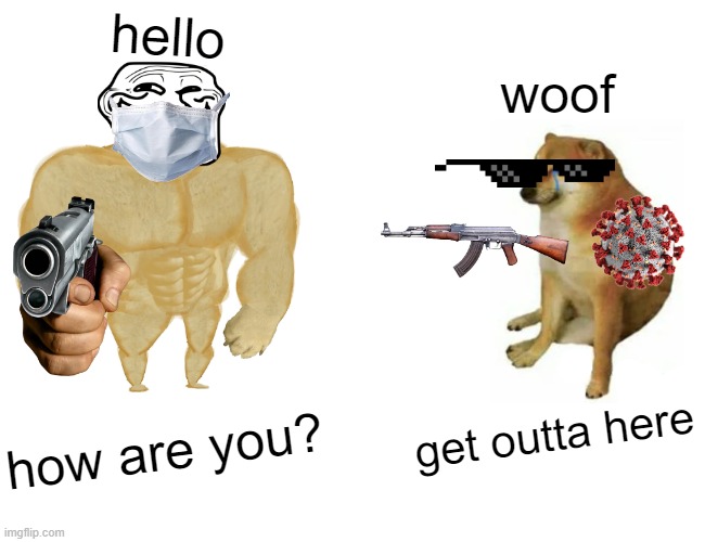 Coranavirus is gonna win | hello; woof; get outta here; how are you? | image tagged in memes,buff doge vs cheems | made w/ Imgflip meme maker