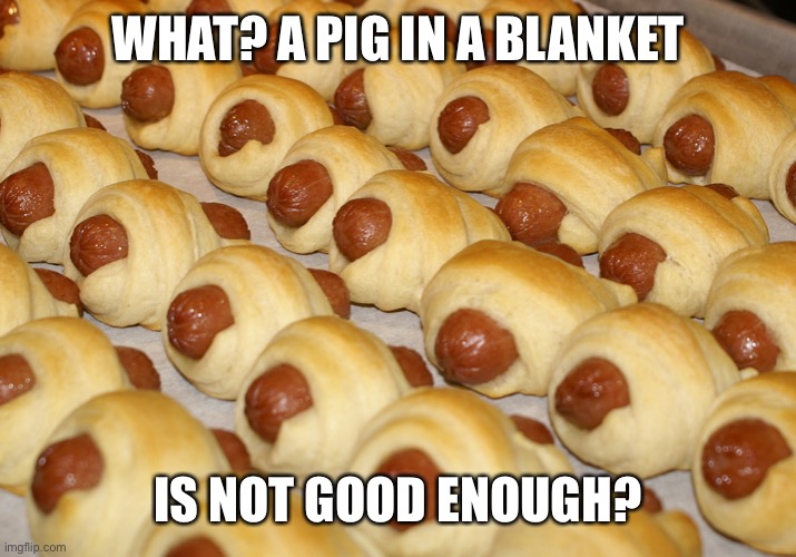 Pigs in a blanket  | WHAT? A PIG IN A BLANKET IS NOT GOOD ENOUGH? | image tagged in pigs in a blanket | made w/ Imgflip meme maker