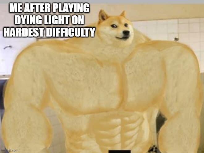 Buff Doge | ME AFTER PLAYING DYING LIGHT ON HARDEST DIFFICULTY | image tagged in buff doge | made w/ Imgflip meme maker