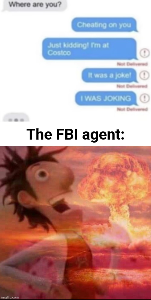 The FBI agent: | image tagged in mushroomcloudy,funny,memes,funny memes,texting,cheating | made w/ Imgflip meme maker